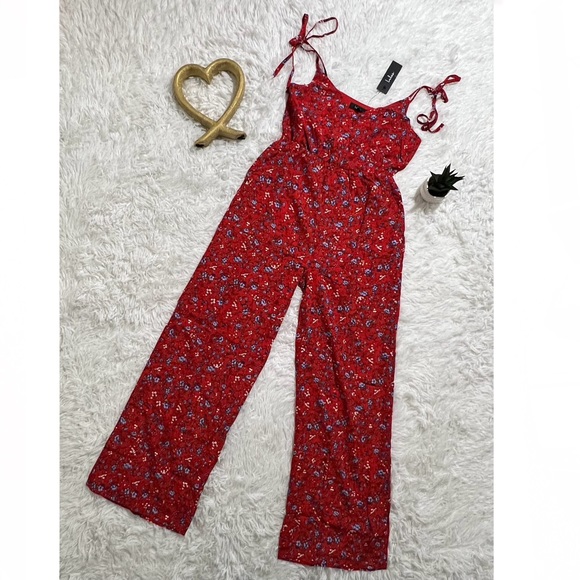 NWT LULUS Blooming Bliss Red Floral Print Tie-Strap Jumpsuit - Picture 2 of 10